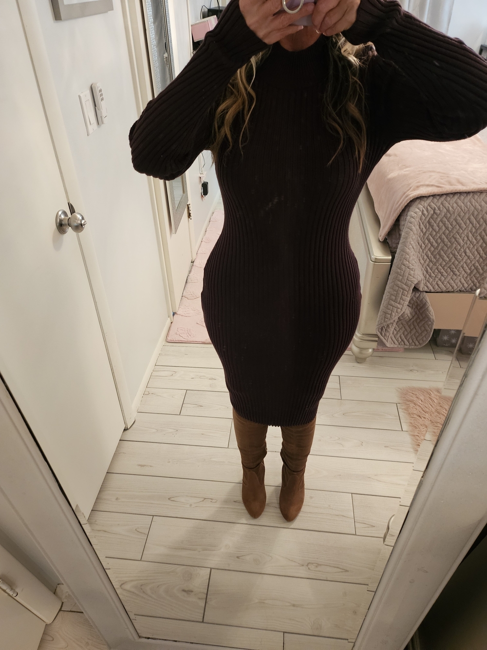 Ribbed Mock Neck Bodycon Dress - Brown